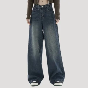 Dam högmidjade vida mörka denimjeans med breda ben och lös passform