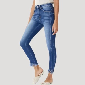 Dam Skinny Jeans Hög Midja Med Fransdetaljer Denim