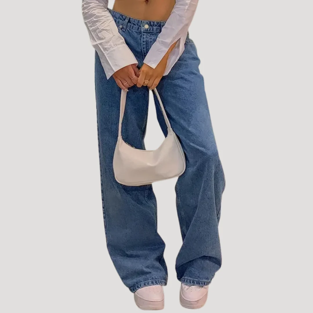 Dam lågmidjade blå vida denimjeans med breda ben och lös passform - Bild 3