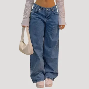 Dam lågmidjade blå vida denimjeans med breda ben och lös passform