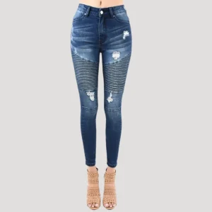 Dam Skinny Jeans Hög Midja Slitna Detaljer Denim