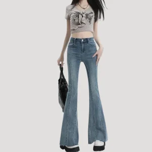 Dam Bootcutjeans Högmidjade Utsvängda Stretch Denim Blå