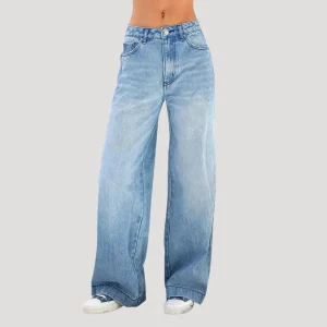 Dam högmidjade vida denimjeans med breda ben och avslappnad passform