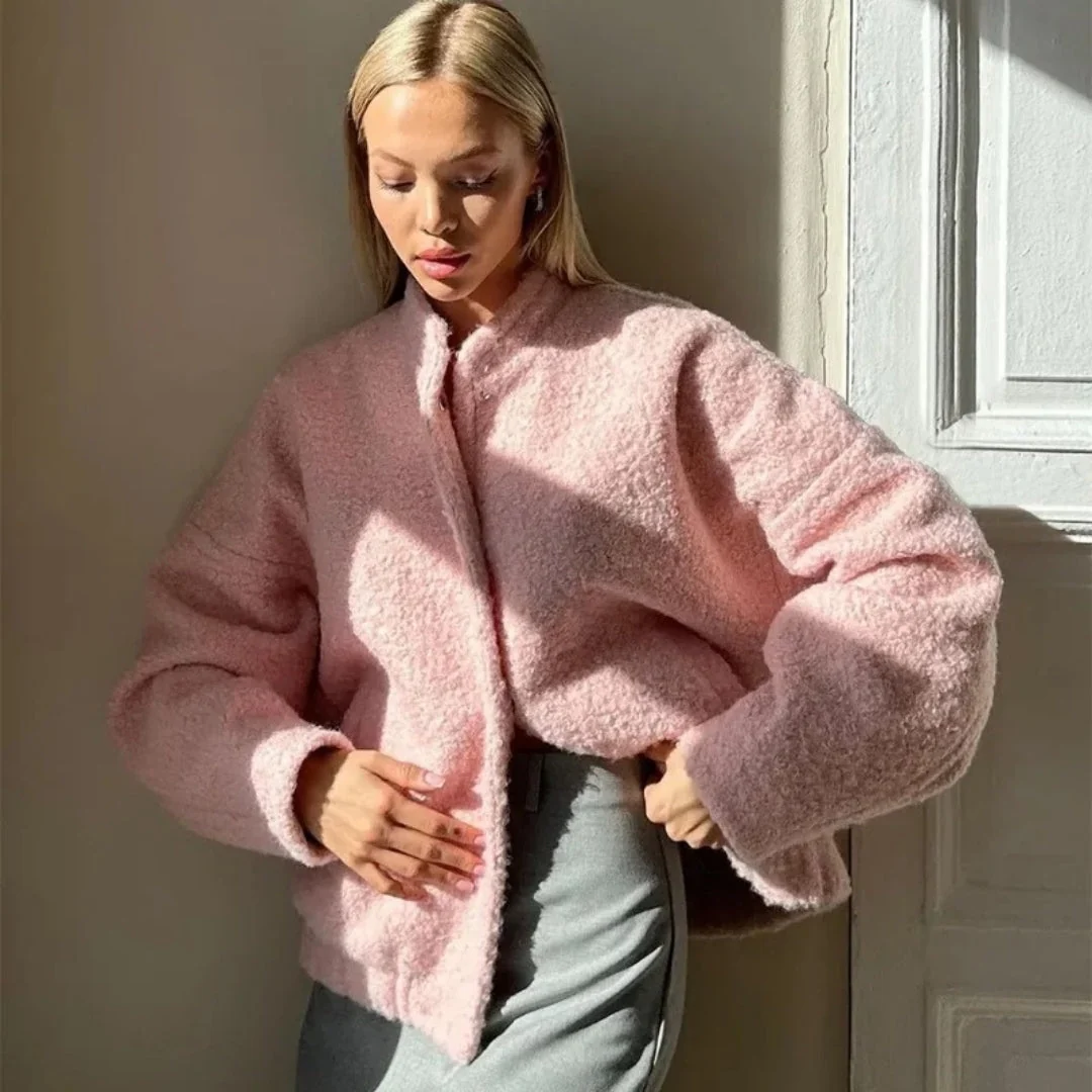 Dam bomberjacka i boucle teddy rosa med dragkedja - Bild 7