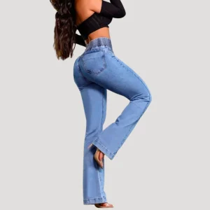 Dam Utsvängda Jeans Hög Elastisk Midja Blå Denim